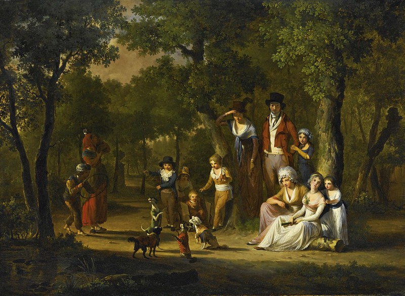 William Redmore Bigg - Group portrait of a family in a woodland landscape with gypsies and dancing dogs