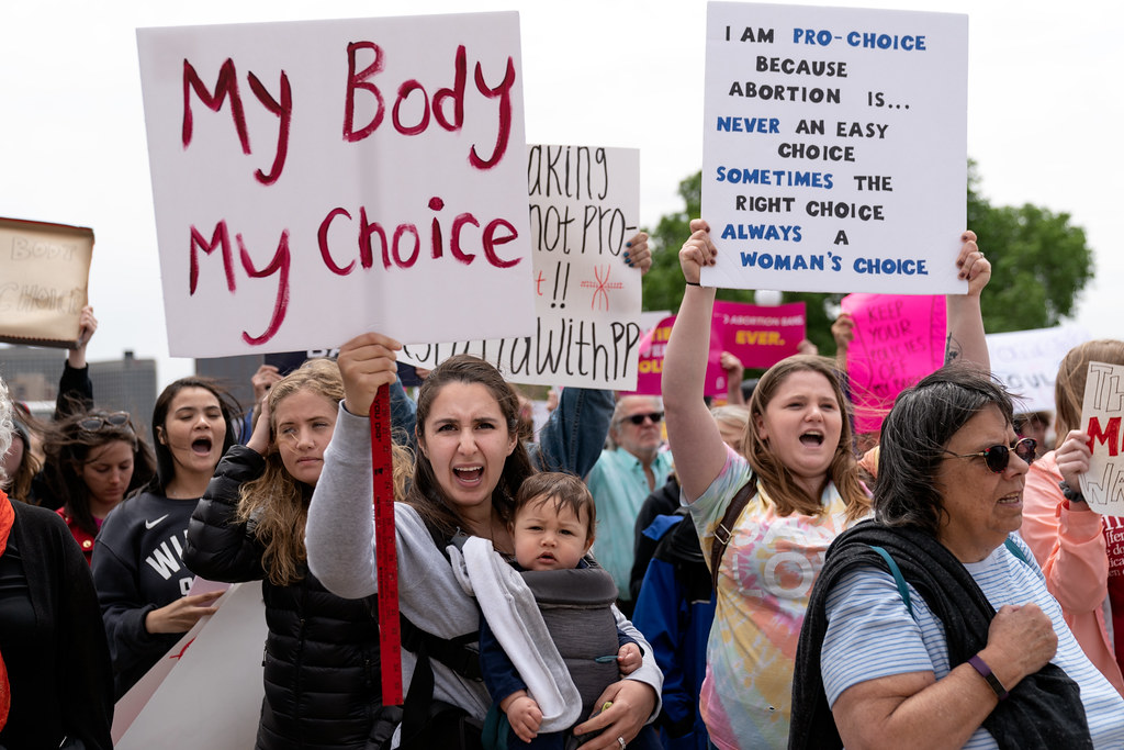 My body my choice sign at a Stop Abortion Bans Rally in St Paul, Minnesota