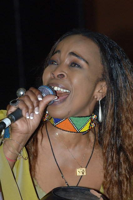 DSC_7883 Suthukazi South African Cultural Singer in Lime Green Outfit with Zulu Beads Performing at Judith Brooke's Hackney Council Sponsored Southern Africa Live Cultural Evening De Beauvoir Town London