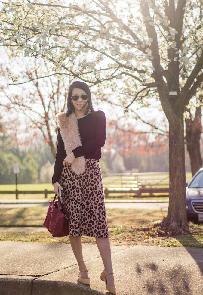 faux fur scarf, J.Crew Factory black cashmere sweater, Ann Taylor spotted full sweater skirt, Longchamp small Le Pliage Club in garnet red, Jennifer Chamandi Lorenzo suede flats