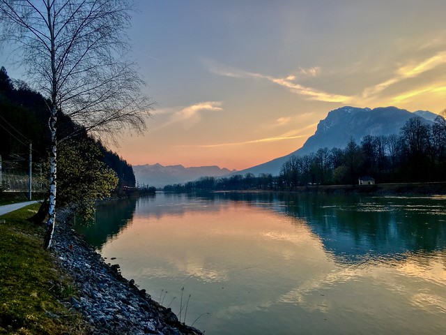 Sunrise over Kaiser mountains by the river Inn near Kufstein, Tyrol, Austria