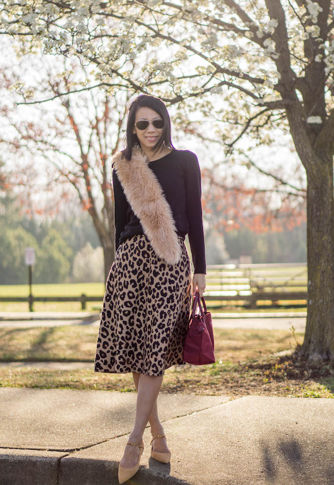 faux fur scarf, J.Crew Factory black cashmere sweater, Ann Taylor spotted full sweater skirt, Longchamp small Le Pliage Club in garnet red, Jennifer Chamandi Lorenzo suede flats