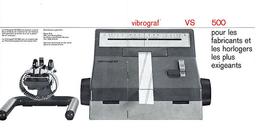 Front and back cover of prospectus for the Vibrograf VS 500 for manufacturers and watchmakers Le Porte-Échappement, Universel S. A. La Chaux-de-Fonds, Switzerland, 1960-61.