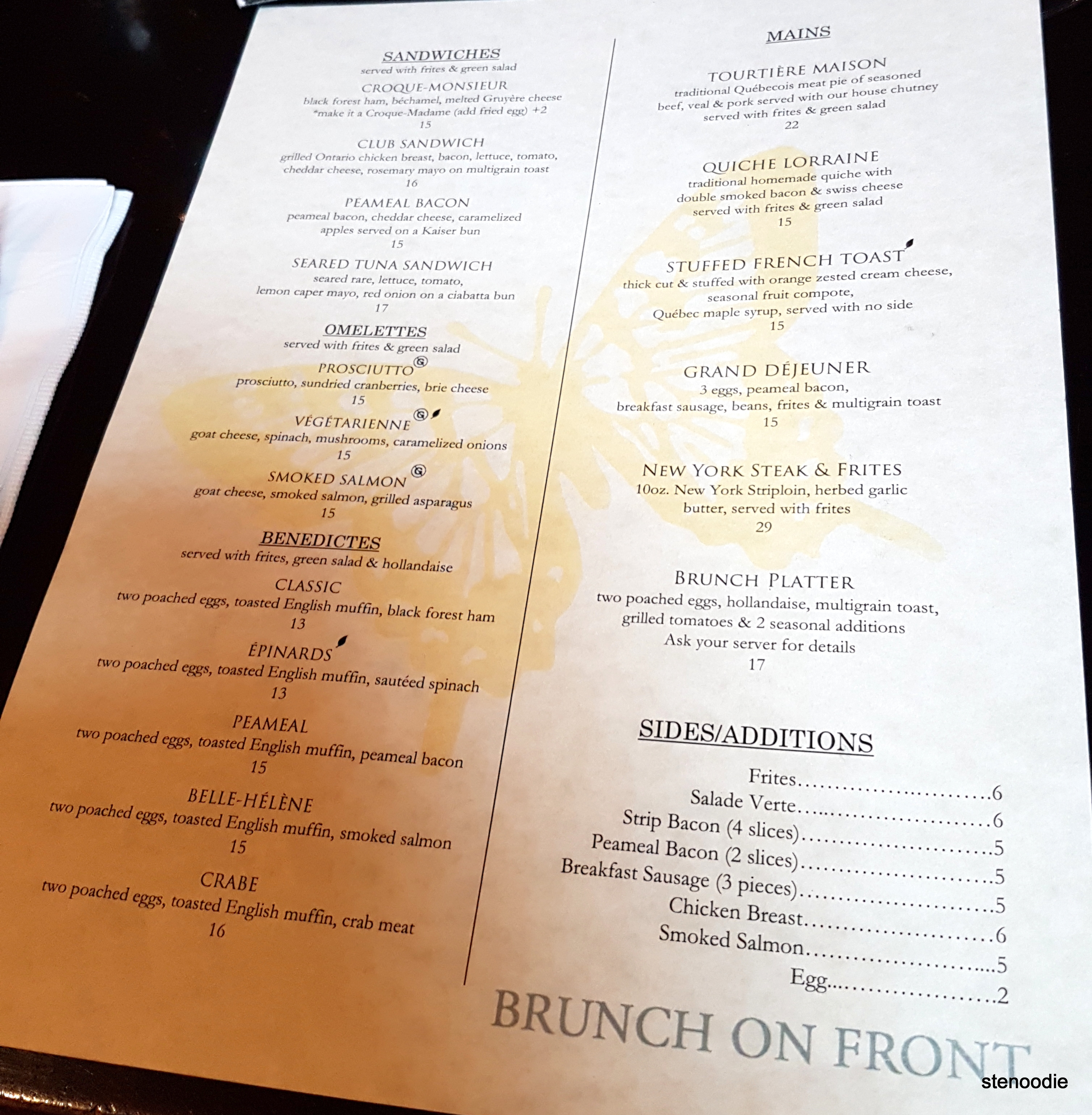 Le Papillon On Front brunch menu and prices