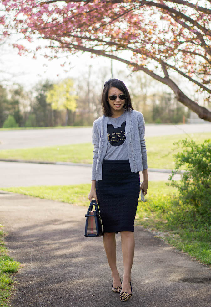 AQUA Cashmere ruffled cable-knit cashmere cardigan, Mickey Mouse graphic tee, Ann Taylor navy pencil skirt, Burberry small Banner, leopard flats