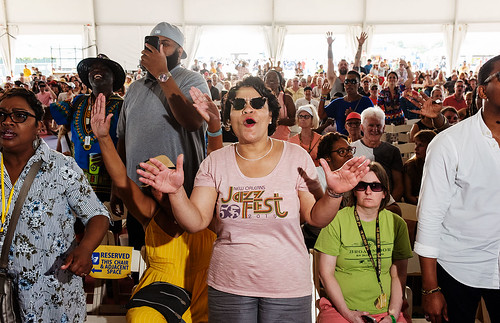 New Orleans Mayor LaToya Cantrell enjoys Kathy Taylor and the Favor's performance in the Gospel Tent during Jazz Fest day 2 on April 26, 2019. Photo by Ryan Hodgson-Rigsbee RHRphoto.com
