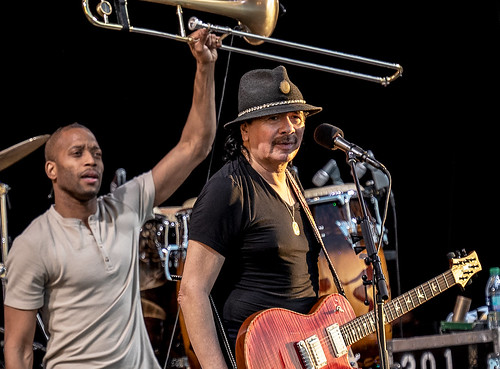 Trombone Shorty and Carlos Santana on Day 2 of Jazz Fest - 4.26.19. Photo by Charlie Steiner.