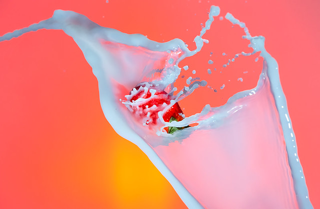 Food Photography. Milk Droplets Pouring Around Strawberry. Against Red Background.