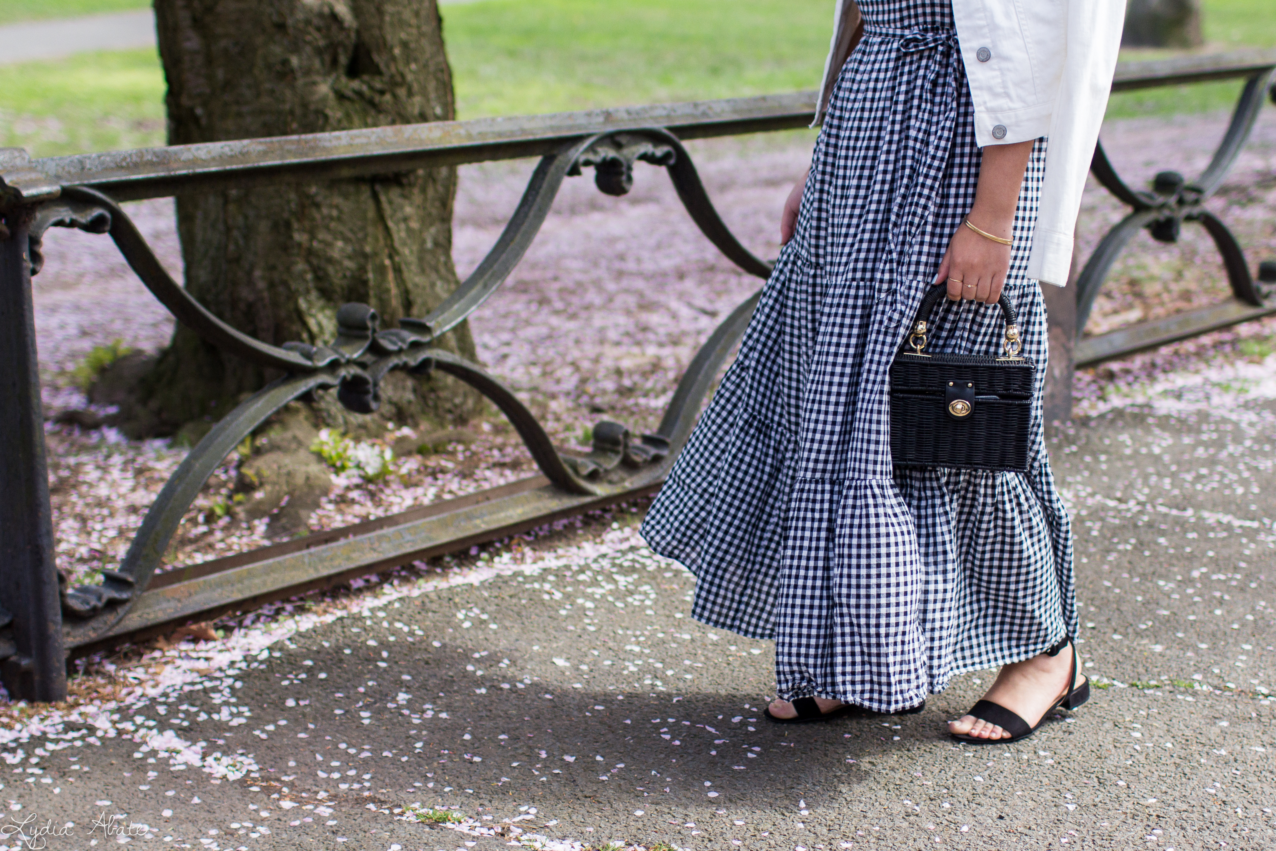 gingham maxi dress, white denim jacket, straw hat, straw bag, cherry blossoms-13.jpg