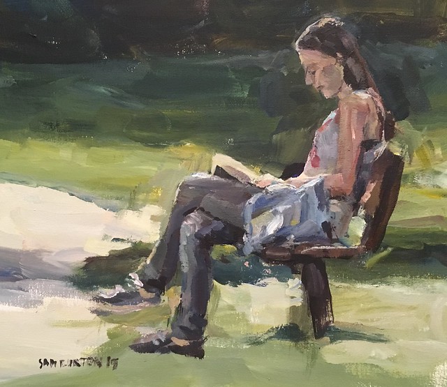 Reading on a bench acrylic 12 by 10 inches