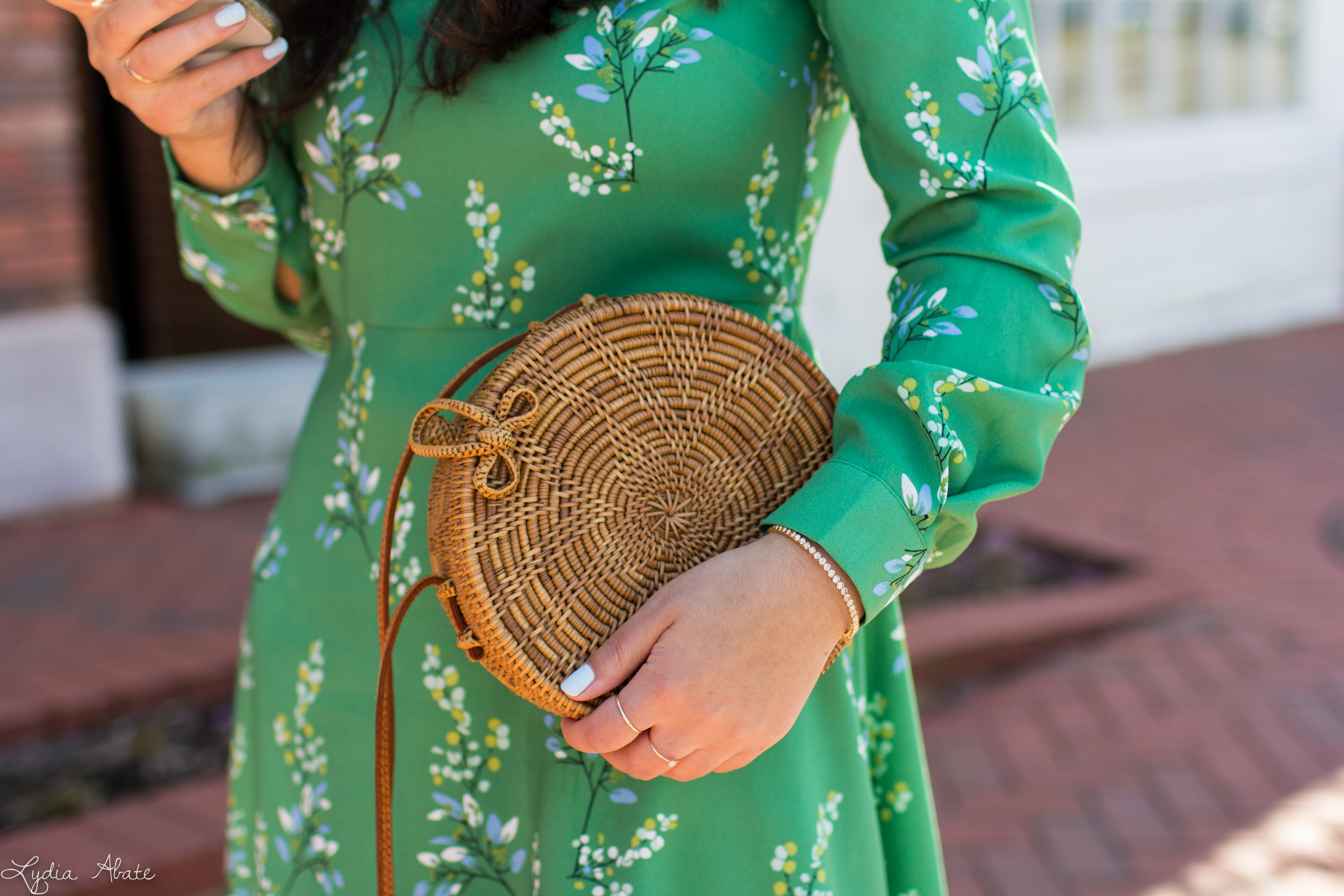 green floral dress, white espadrilles, round rattan bag -16.jpg