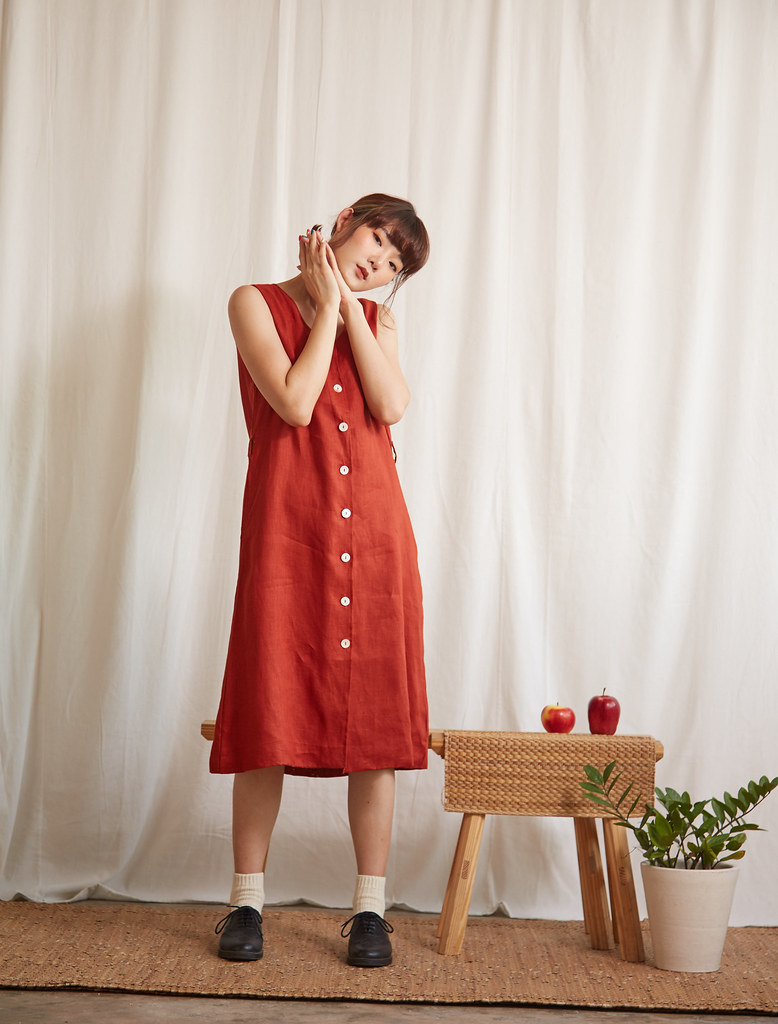 Linen One Piece Dresses Red - Linen Sleeveless V-Neck Dress in Burgundy Red Colour