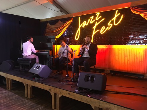 Lars Edegran Trio open up the new AARP Rhythmpourium Stage on Day 1 of Jazz Fest 2019 - 4.25.19. Photo by Dave Ankers.