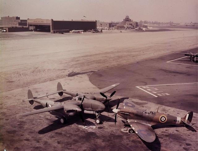 Lockeed P-38 Lightning and Supermarine Spitfire (W3119)  at the  Lockheed Air Terminal in Burbank, California in the 1942.