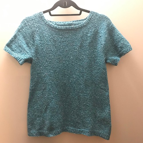 Trina has finished knitting a summer tee using her favourite Berroco Remix Light in Pool
