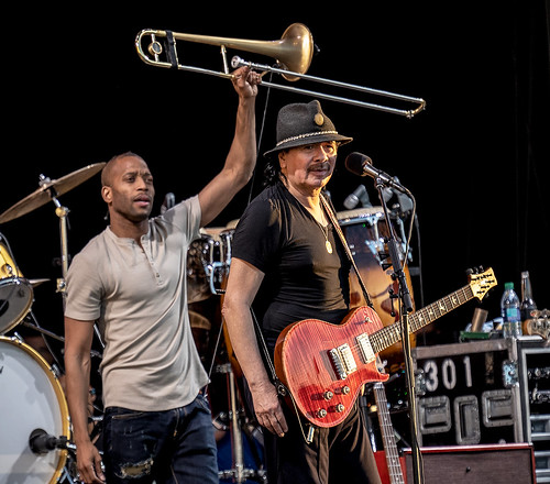 Trombone Shorty and Carlos Santana on Day 2 of Jazz Fest - 4.26.19. Photo by Charlie Steiner.