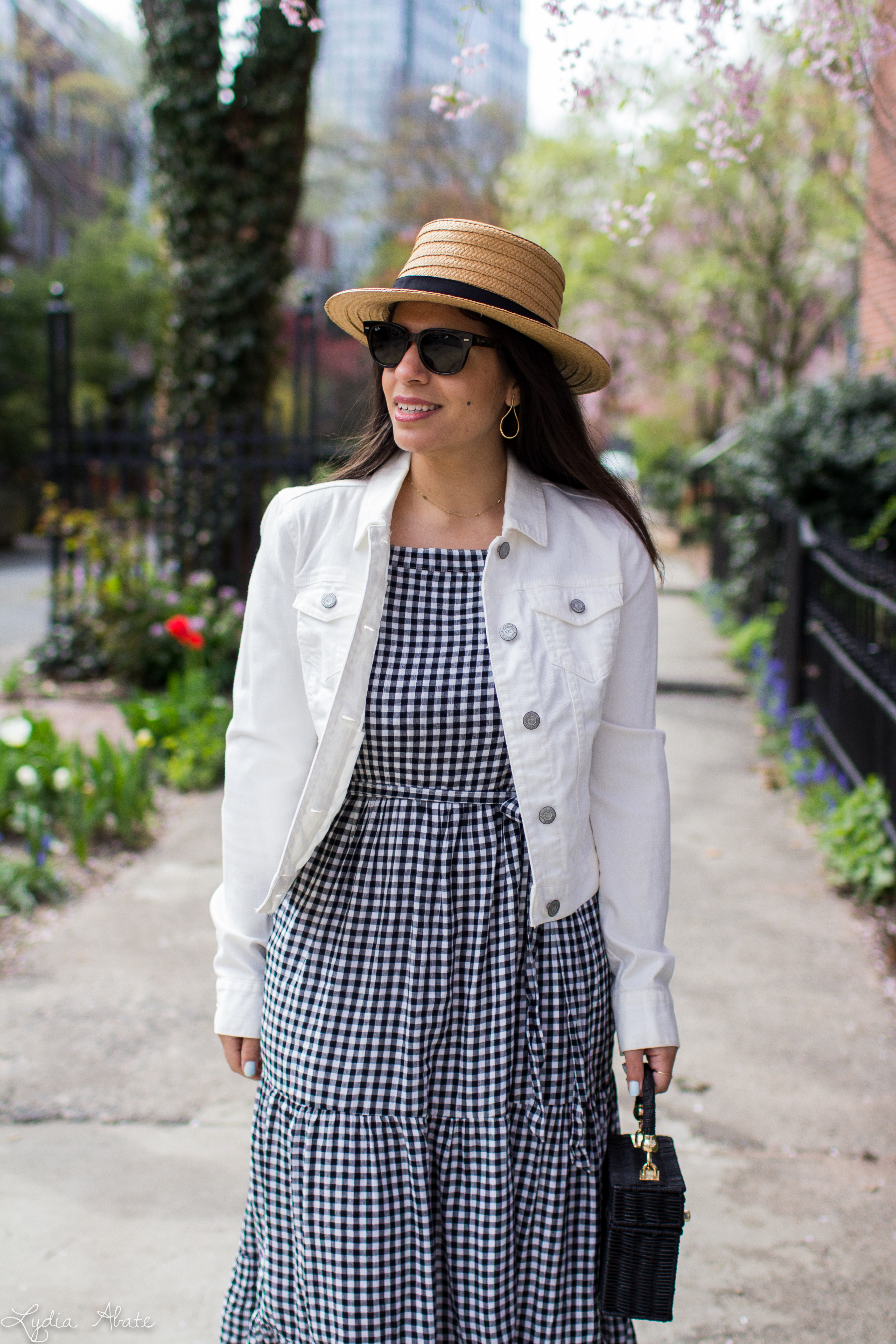 gingham maxi dress, white denim jacket, straw hat, straw bag, cherry blossoms-14.jpg