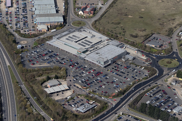 Aerial view of Longwater Retail Park in Norwich - Norfolk UK