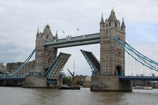 ship passing through tower bridge , london