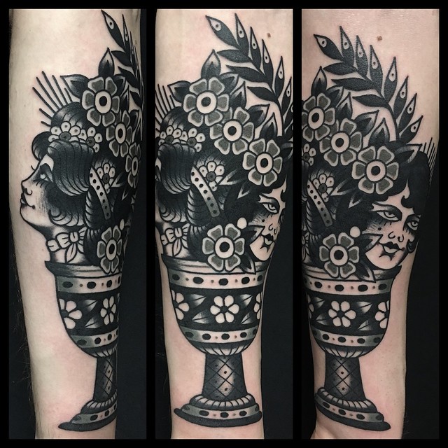 Jar with woman's heads tattoo by Dap at Skingdom Tattoo