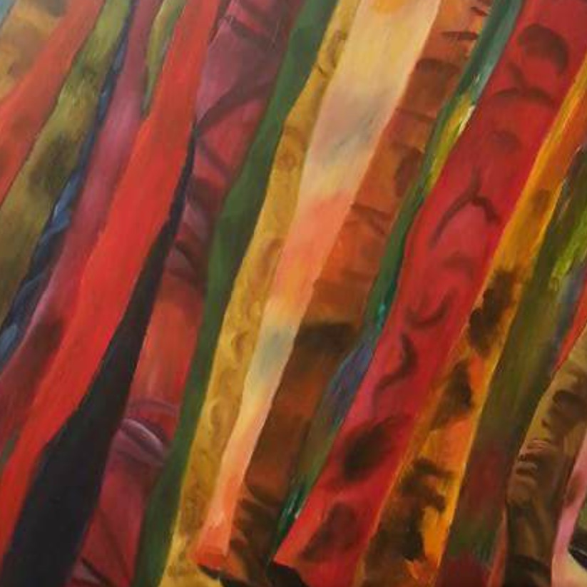 דוכן בדים צבעוניים משי שמן על בד פרידה פירו ציירת מודרנית דקורטיבית עכשווית ישראלית אמנית ישראלית.