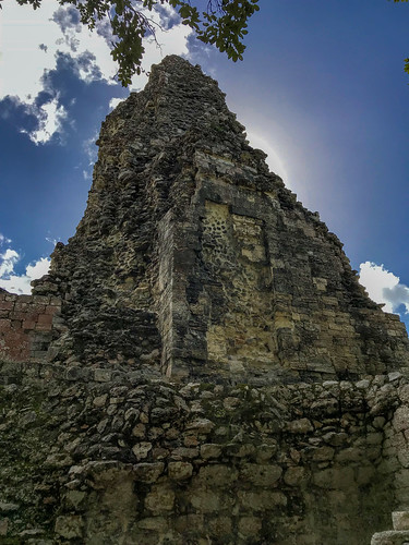 blue sky clouds tree rocks bricks stones ruins ancient old maya art architecture archeology archeological site rests mexico campeche xpuhil xpujil sunshine structure 1 three towers building