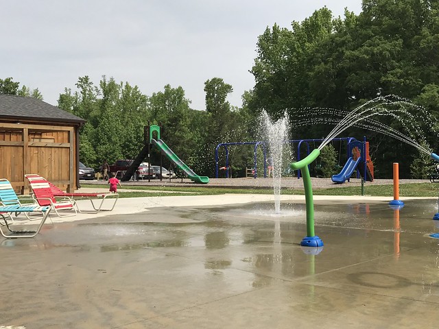 Chairs, picnic area, playground and restrooms are available at the splash spray ground at Occoneechee State Park, Va