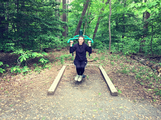 Pull up seat, fun on the Fitness Trail at Westmoreland State Park, Va