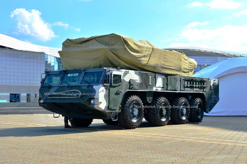 Minsk, Belarus: Military exhibition MILEX-2019: Special vehicle MZKT-69225 with the wheel formula 8x8 for the new air defense missile system Buk-MB3K by enterprise NPOOO OKB TSP