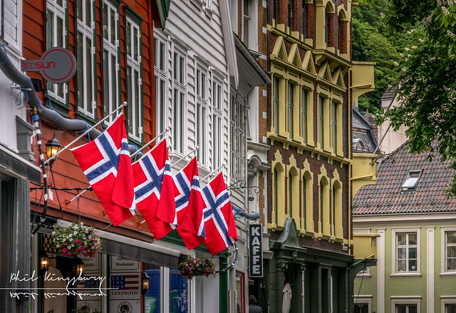 Norwegian flags, King Oscar's Gate, Bergen Norway