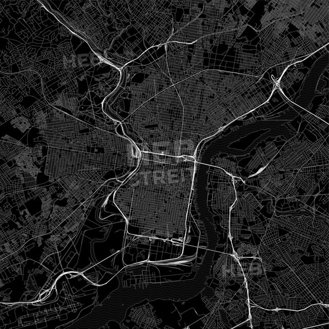 [Dark Maps] [U.S.A.] Black downtown map of Philadelphia, Pennsylvania