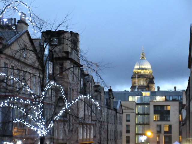 November evening view to Old College dome from High Street, Edinburgh, Scotland