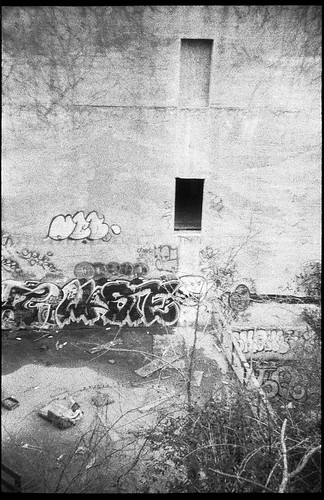 abandoned warehouse, graffiti, architecture, Asheville, NC, Rollei Prego 140, Foma Retro Pan 320, HC-110 developer, late April 2019 | by steve aimone