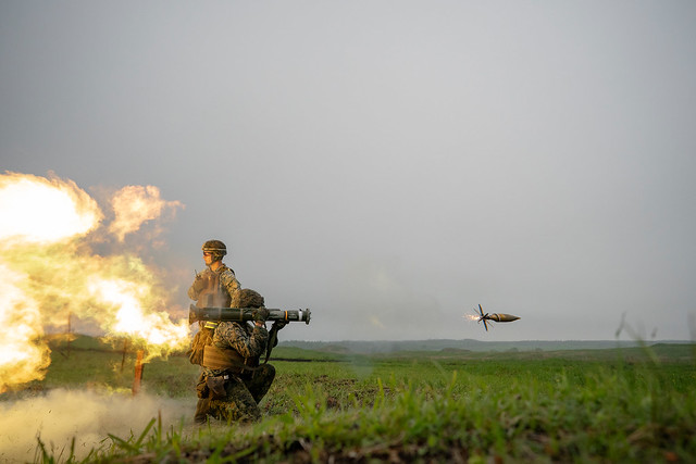 A soldier fires an AT4 rocket launcher during a live fire training exercise at Combined Arms Training Center