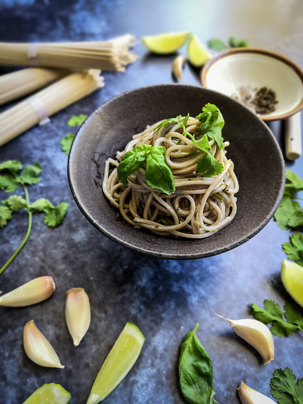 Soba noodles with Basil, Coriander, Cardamon, garlic and lime dressing
