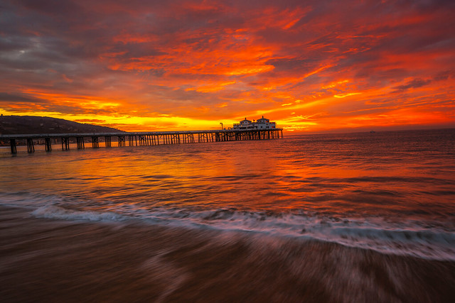 Long Exposure Fine Art Malibu Pier Seascape! Red, Orange, Yellow Clouds Malibu Pier Surfriders' Beach PCH California Sunset! God Spilled Buckets of Paint  Nikon D810 AF-S NIKKOR 14-24mm F2.8G ED from Nikon! California Sunrises & Sunsets Elliot McGucken
