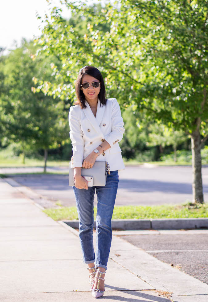 J.Crew white double breasted blazer, Chloe alphabet clutch in airy grey, Olivia Burton watch, David Yurman cable cuff, Banana Republic Factory girlfriend jeans, Valentino Rockstud leather cage flats in watercolor