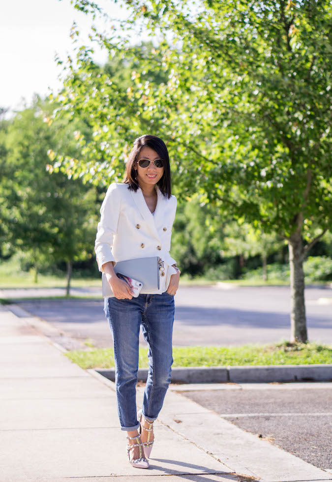 J.Crew white double breasted blazer, Chloe alphabet clutch in airy grey, Olivia Burton watch, David Yurman cable cuff, Banana Republic Factory girlfriend jeans, Valentino Rockstud leather cage flats in watercolor