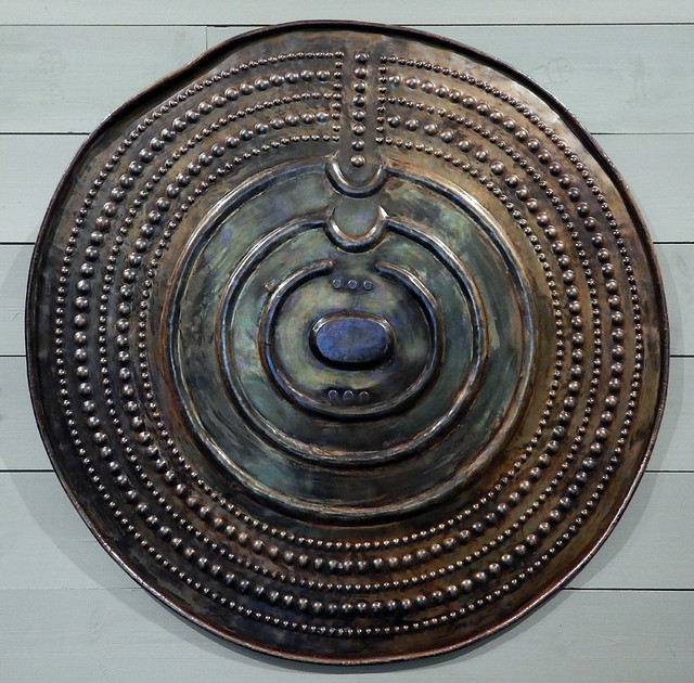 Round bronze metal shield fabricated by the Bronze Age people that lived at Tanum, a UNESCO World Heritage Rock Art Centre in Sweden