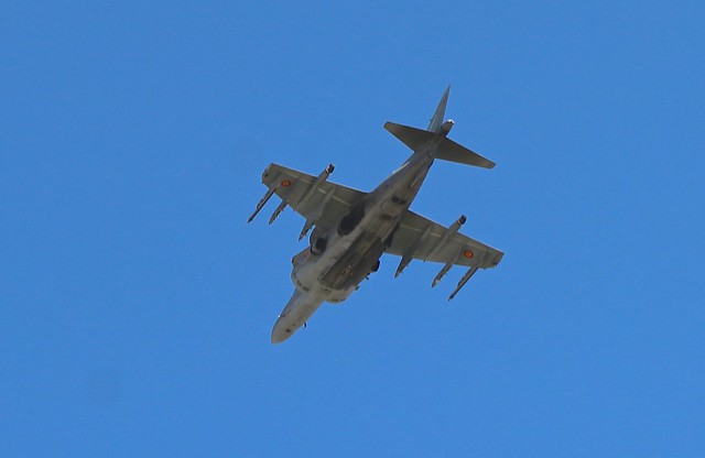 Harrier AV8B. Vuelos de ensayo previos al desfile aereo y a exhibiciones de unidades militares, con motivo de la celebración del día de las Fuerzas Armadas en Sevilla, 1 de Junio 2019.