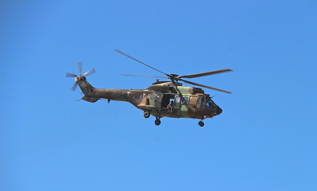 AS-532UL Cougar, FAMET. Vuelos de ensayo previos al desfile aereo y a exhibiciones de unidades militares, con motivo de la celebración del día de las Fuerzas Armadas en Sevilla, 1 de Junio 2019.