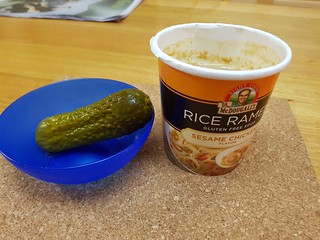 McDougall's Chicken Sesame Soup and a dill pickle