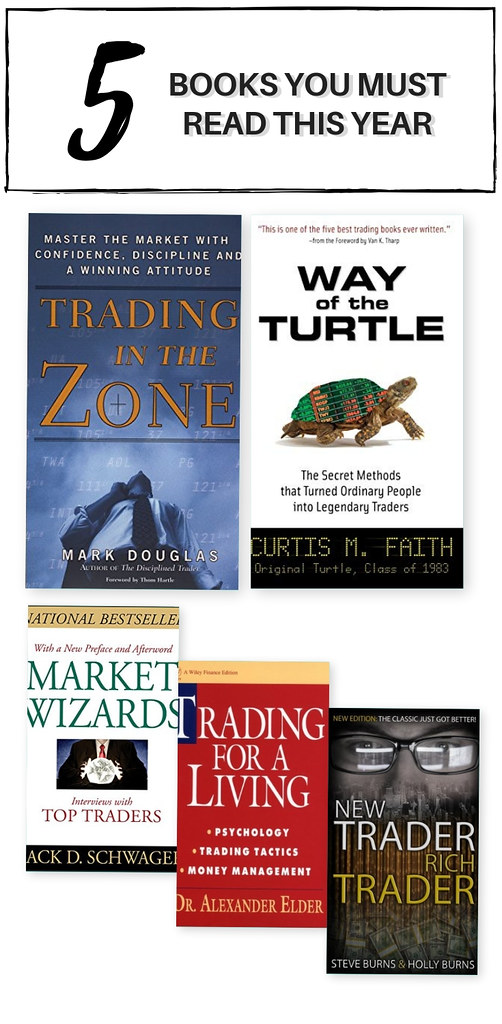 Top 5 Trading Books - Trading in the Zone by Mark Douglas, Way of the Turtle by Curtis M. Faith, Market Wizards by Jack D. Schwager, Trading for a Living by Dr. Alexander Elder, new trader, rich trader by steve burns and holly burns