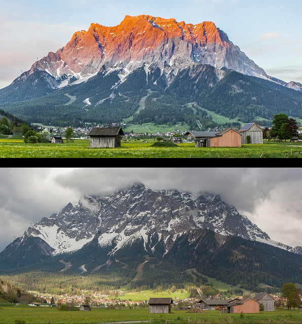 Zugspitze, Bild 1 Mitte Mai 2018 Bild 2 Mitte Mai 2019