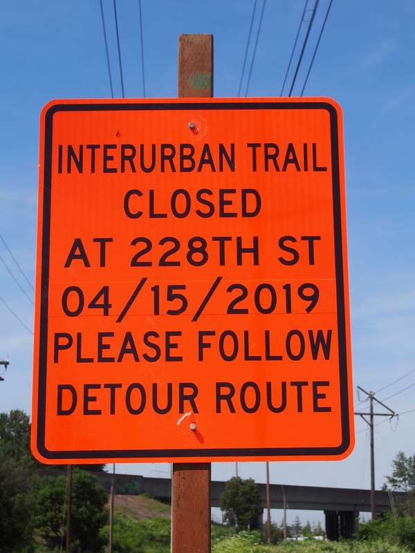 Interurban Trail Closure: The city is doing some work on South 228th Street, so the trail is closed around it.  I didn't know about this since I used Frager Road/Green River Trail to head south.  The detour took me on busy SR-181 most of the way to South 212th Street, but thankfully traffic was pretty light.