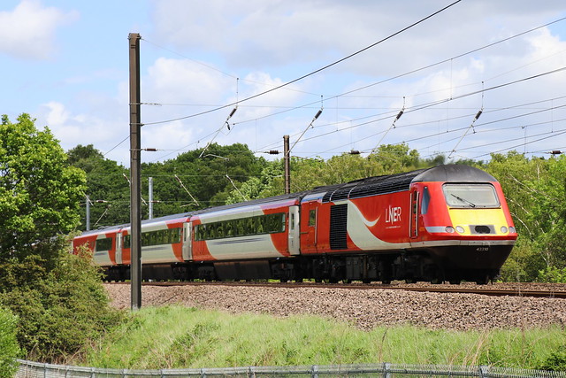 LNER 43310 IS SEEN NORTH OF DURHAM ON 3 JUNE 2019 BRINGING UP THE REAR OF 1W11 1000 LONDON KINGS CROSS - ABERDEEN