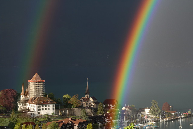 Regenbogen - rainbow mit Schloss Spiez ( Baujahr Ursprung 10. Jahrhundert - château castello castle ) am Thunersee in Spiez im Berner Oberland im Kanton Bern der Schweiz