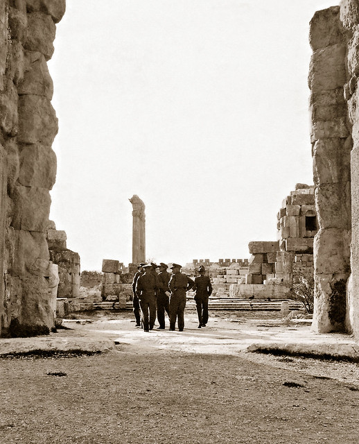 November 1942 - Allies Army officers in the Great Court at Baalbek, Syria (now North Lebanon)