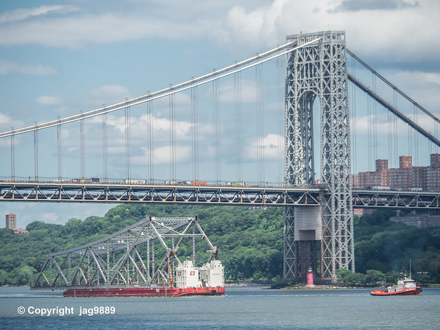 Old Tappan Zee Bridge Superstructure Remains floating on the Hudson River past the George Washington Bridge, New York City