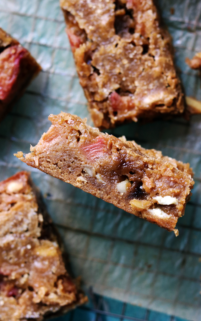 Rhubarb, White Chocolate, and Almond Blondies